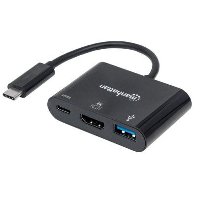 Manhattan USB 3.1 Typ C HDMI Docking-Konverter, USB 3.1 Typ C-Stecker auf HDMI, USB Typ A-Buchse und USB Typ C-Buchse, Multiport-Konverter, schwarz