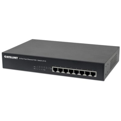 Intellinet 8-Port Fast Ethernet PoE+ Switch, 4 x PoE IEEE 802.3at/af Power-over-Ethernet (PoE+/PoE) Ports, 4 x Standard RJ45-Ports, Endspan, Desktop, 19" Rackmount