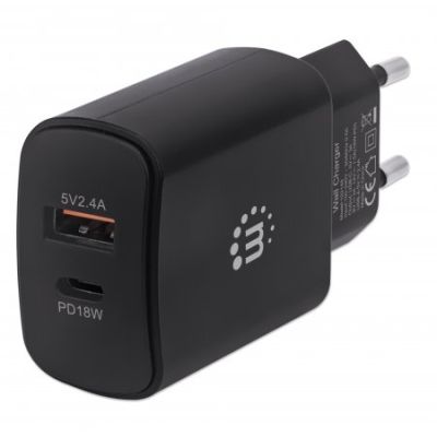 Manhattan Power Delivery USB-Ladegerät 27 W, USB-Netzteil mit USB-C Power Delivery-Port (PD 3.0) mit bis zu 18 W, USB-A-Ladeport mit bis zu 5 V / 2,4 A schwarz