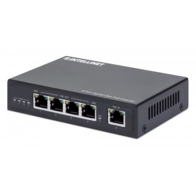 Intellinet 4-Port Gigabit Ultra PoE-Extender, Verlängert PoE-Reichweite um 100 m, PoE-Strombudget 90 W, vier PSE-Ports mit jeweils 30 W Ausgangsleistung, IEEE 802.3bt/at/af-konform, Metallgehäuse