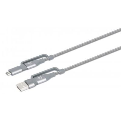 Manhattan 4-in-1 USB-Sync-/Ladekabel, USB-C-Stecker auf USB-C-Stecker mit USB-A- und USB Micro-B-Adaptern, 480 Mbit/s, 3 A/60 W, 1 m, Stoffummantelung, Space Grau