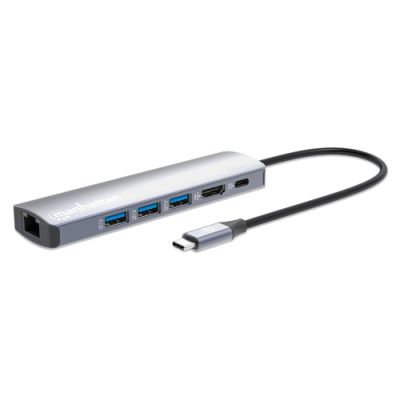 Manhattan 153959 laptop-dockingstation & portreplikator Kabelgebunden USB 3.2 Gen 1 (3.1 Gen 1) Type-C Silber