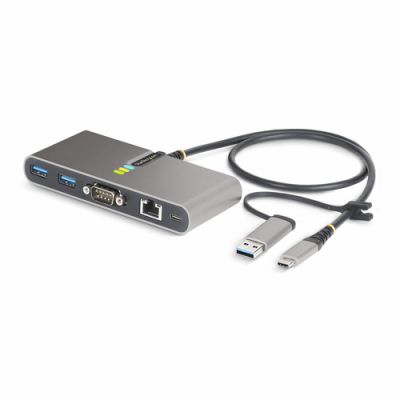 StarTech.com 2-Port USB-C Hub mit Ethernet und RS232 Port,USB-A Adapter, Ladefunktion 100W Power Delivery Pass-Through, 2x USB-A 5Gbps, Gigabit LAN, RS232 Seriell (FTDI)