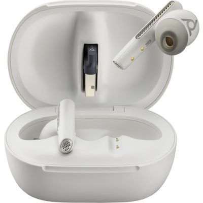 POLY Voyager Free 60+ UC M White Sand Earbuds +BT700 USB-C Adapter +Touchscreen-Ladeetui