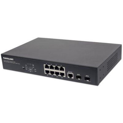 Intellinet 8-Port Gigabit Ethernet PoE+ Web-Managed Switch mit 2 SFP-Ports, 8 x PoE-Ports, IEEE 802.3at/af Power over Ethernet (PoE+/PoE), 140 W, Endspan, Desktop, PDM-Funktion, 19" Rackmount