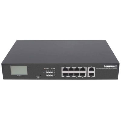 Intellinet 8-Port Gigabit Ethernet PoE+ Switch mit 2 RJ45-Uplink-Ports und LCD-Anzeige, 8 x PoE-Ports, LCD-Anzeige, IEEE 802.3at/af Power over Ethernet (PoE+/PoE), 130 W, Endspan, 19" Rackmount