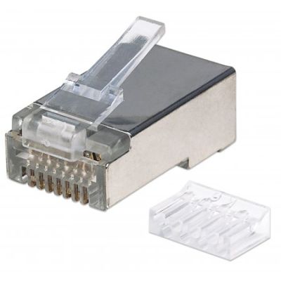 Intellinet 90er-Pack Cat6 RJ45-Modularstecker, STP, 2-Punkt-Aderkontaktierung, für Litzendraht, 90 Stecker im Becher