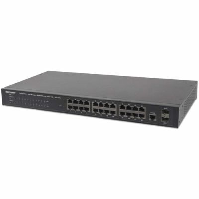 Intellinet 24-Port Gigabit Ethernet PoE+ Web-Managed Switch mit 2 SFP-Ports, 24 x PoE ports, IEEE 802.3at/af Power over Ethernet (PoE+/PoE), 2 x SFP, Endspan, PDM-Funktion, 19" Rackmount