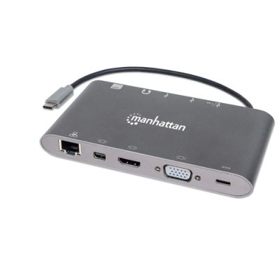 Manhattan SuperSpeed USB-C 7-in-1-Dockingstation, USB 3.1 Typ C-Stecker auf HDMI, Mini DisplayPort oder VGA, drei USB 3.0 Typ A-Ports, USB-C-PD-Port, Gigabit-RJ45-Port, SD-Kartenleser und 3,5 mm-Audioanschluss; Aluminium, grau