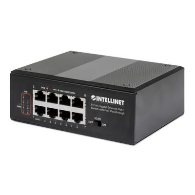 Intellinet 8-Port PoE+ Gigabit Switch mit PoE-Passthrough, Ein PD PoE-Port mit 95 W Eingangsstrom, sieben PSE PoE-Ports, PoE-Strombudget bis zu 120 W, IEEE 802.3at/af-konform, DIN-Hutschienenmontage