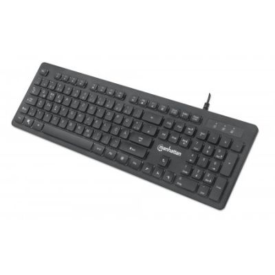 Manhattan Ultraflache USB-Gaming-Tastatur mit LEDs, 12 Multimedia-Funktionstasten, farbige LED-Hintergrundbeleuchtung, schwarz