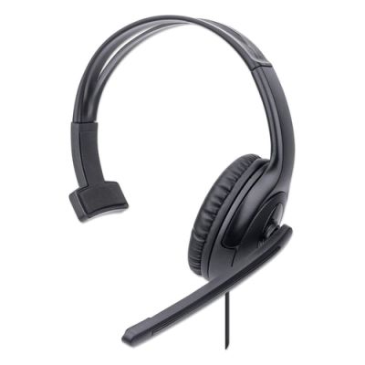 Manhattan Mono USB-Headset, Ohrumschließendes Design (Over-Ear), Ohrmuschel einseitig, kabelgebunden, USB-A-Stecker, integrierte Lautstärkeregelung, verstellbares Mikrofon, schwarz