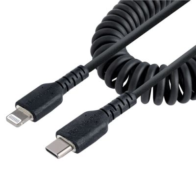 StarTech.com 50cm USB C auf Lightning Kabel, spiralkabel, MFi-zertifiziert, Ladekabel für iPhone/iPad , schwarz, langlebiger TPE-Mantel aus Aramidfaser, USB C 2.0 Kabel für Aufladen und Synchronisieren