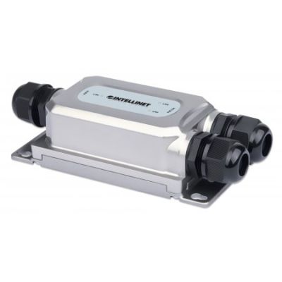 Intellinet 2-Port Outdoor Gigabit Ultra PoE Extender mit Vandalismusschutz, Zwei 30 W-Ports, verlängert PoE-Reichweite um 100 m, 60 W PoE-Strombudget, IEEE 802.3bt/at/af-konform, IP67 wasserdicht, IK10 vandalismusgeschützt, Metallgehäuse