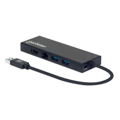 Manhattan USB 3.2 Gen 1 USB-A auf Dual-Monitor Multiport-Adapter, USB-A-Stecker auf HDMI-Buchse (bis zu 2048x1152@60Hz) und VGA-Buchse (bis zu 2048x1152@60Hz), zwei USB-A-Ports, Gigabit RJ45-Port, Micro-USB-Ladeport, Aluminium, schwarz