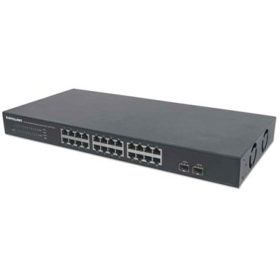 Intellinet 24-Port Gigabit Ethernet Switch mit 2 SFP-Ports, 24 x 10/100/1000 Mbit/s RJ45-Ports + 2 x SFP, IEEE 802.3az (Energy Efficient Ethernet), 19" Rackmount, Metall