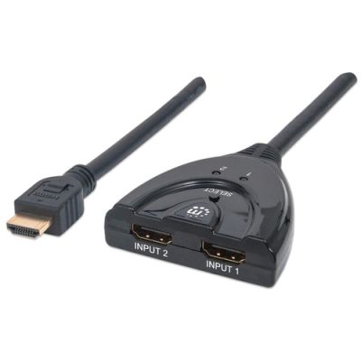 Manhattan 1080p 2-Port HDMI-Switch, 1080p@60Hz, integriertes Kabel, schwarz