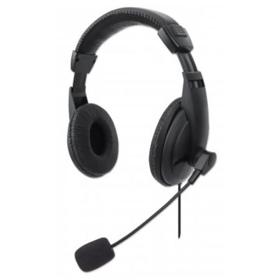 Manhattan Stereo USB-Headset, Leichtes, ohrumschließendes Design (Over-Ear), kabelgebunden, USB-A-Stecker, integrierte Bedienelemente, verstellbares Mikrofon, schwarz, Retailverpackung