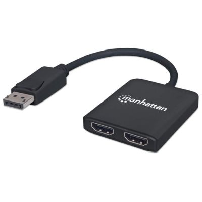 Manhattan DisplayPort auf 2-Port HDMI MST-Hub, Zum Verteilen eines DisplayPort-Signals auf zwei HDMI-Monitore, Anzeigemodi Gespiegelt, Erweitert und Videowand, 4K@30Hz, Stromversorgung über USB, schwarzz