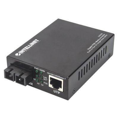 Intellinet Gigabit PoE+ Medienkonverter, 1000Base-T RJ45-Port auf 1000Base-LX (SC) Singlemode, 20 km, PoE+ Injektor