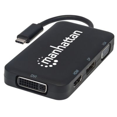 Manhattan USB-C 4-in-1 Audio/Video-Konverter, USB 3.1 Typ C-Stecker auf HDMI-/DisplayPort-/VGA-/DVI-Buchse, schwarz
