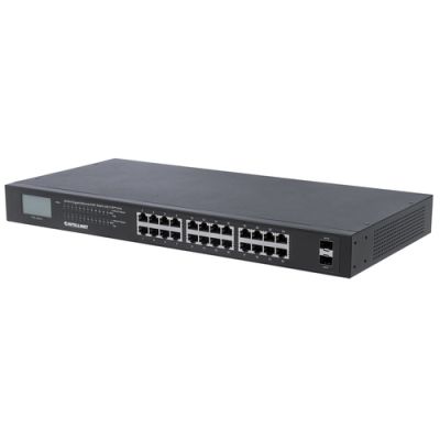 Intellinet 24-Port Gigabit Ethernet PoE+ Switch mit 2 SFP-Ports und LCD-Anzeige, LCD-Anzeige, IEEE 802.3at/af Power over Ethernet (PoE+/PoE)-konform, 370 W, Endspan, 19" Rackmount