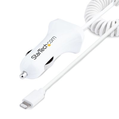 StarTech.com Zigarettenanzünder USB Ladegerät mit Lightning Spiralkabel, 1m Spiralkabel, 12W, 2 Port USB Auto Ladegerät Adapter für Handy und Tablet, Dual Kfz USB Schnellladegerät