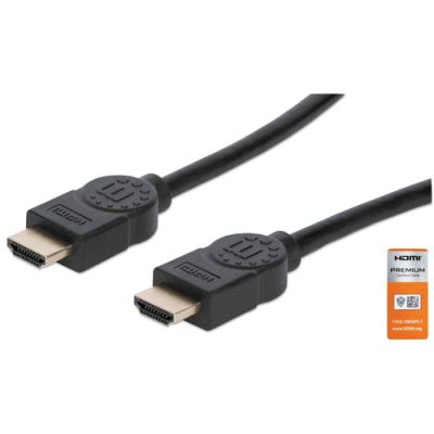 Manhattan Zertifiziertes Premium High Speed HDMI-Kabel mit Ethernet-Kanal, 4K@60Hz, HEC, ARC, 3D, 18 Gbit/s Bandbreite, HDMI-Stecker auf HDMI-Stecker, geschirmt, schwarz, 1 m