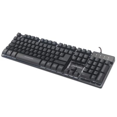 Manhattan USB-Gaming-Tastatur mit LEDs und Metallunterseite, 12 Funktionstasten, Metallunterseite, farbige LED-Hintergrundbeleuchtung, 19 Anti-Ghosting-Tasten, Schutzklasse IPX4 (spritzwassergeschützt), schwarz