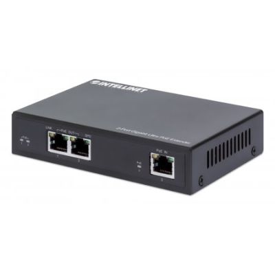 Intellinet 2-Port Gigabit Ultra PoE-Extender, Verlängert PoE-Reichweite um 100 m, PoE-Strombudget 60 W, zwei PSE-Ports mit jeweils 30 W Ausgangsleistung, IEEE 802.3bt/at/af-konform, Metallgehäuse