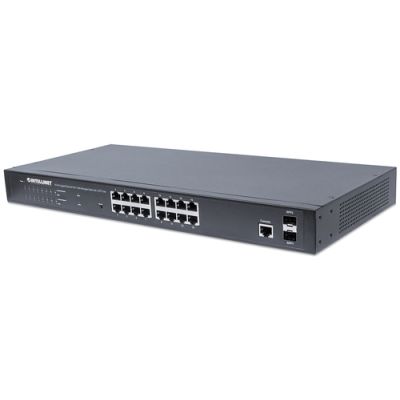 Intellinet 16-Port Gigabit Ethernet PoE+ Web-Managed Switch mit 2 SFP-Ports, IEEE 802.3at/af Power over Ethernet (PoE+/PoE)-konform, 220 W, Endspan, PDM-Funktion, 19" Rackmount