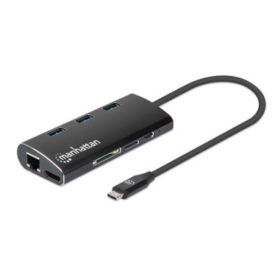 Manhattan USB 3.2 Gen 1 USB-C Multiport-Adapter, USB-C-Stecker auf HDMI-Buchse (4K@30Hz), drei USB-A-Ports auf der Oberseite, USB-C Power Delivery-Port (PD 3.0), Gigabit RJ45-Port und SD/MicroSD Card Reader, Aluminium, schwarz