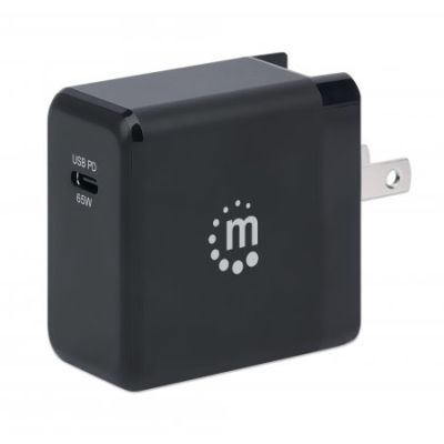 Manhattan GaN Power Delivery USB-Ladegerät 65 W, USB-Netzteil mit ultrakompakter GaN-Technologie, USB-C Power Delivery-Port (PD 3.0) mit bis zu 65 W, auswechselbare Stecker für EU, UK & US, schwarz