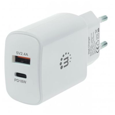 Manhattan Power Delivery USB-Ladegerät 27 W, USB-Netzteil mit USB-C Power Delivery-Port (PD 3.0) mit bis zu 18 W, USB-A-Ladeport mit bis zu 5 V / 2,4 A weiß