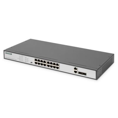 Digitus 16-Port Fast Ethernet PoE Switch, 19 Zoll, Unmanaged, 2 Uplinks