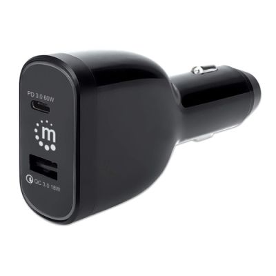 Manhattan 2-Port Power Delivery Kfz-Ladegerät 78 W, USB-C Power Delivery-Port (PD 3.0) mit bis zu 60 W, USB-A QC 3.0-Ladeport mit bis zu 18 W, schwarz