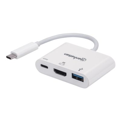Manhattan USB 3.1 Typ C HDMI Docking-Konverter, USB 3.1 Typ C-Stecker auf HDMI, USB Typ A-Buchse und USB Typ C-Buchse, Multiport-Konverter, weiß