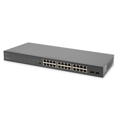Digitus 24-Port Gigabit PoE Netzwerkswitch,19 Zoll, unmanaged,2 Uplink Ports, SFP, 370 W, af/at