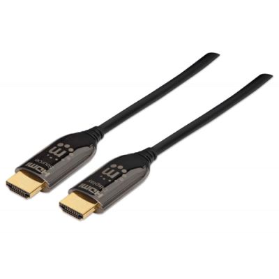 Manhattan Aktives optisches HDMI-Glasfaserkabel , 4K@60Hz, AOC (Active Optical Cable), HDR, HEC, HDCP 2.2, CEC, 3D, 2 x HDMI-Stecker, vergoldete Kontakte, geschirmt, schwarz, 100 m