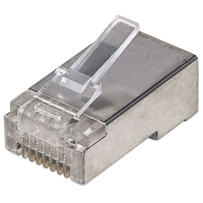 Intellinet 100er-Pack Cat5e RJ45-Modularstecker, STP, 2-Punkt-Aderkontaktierung, für Litzendraht, 100 Stecker pro Becher