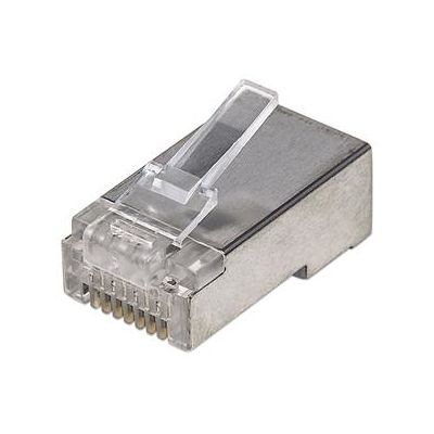 Intellinet 100er-Pack Cat5e RJ45-Modularstecker Pro Line, STP, 3-Punkt-Aderkontaktierung, für Litzen- und Massivdraht, 100 Stecker im Becher, 50 µ vergoldete Kontakte