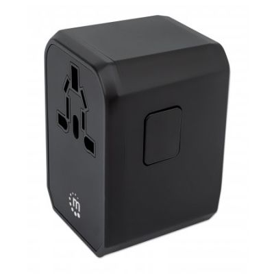 Manhattan Power Delivery USB-Ladegerät und Reiseadapter, USB-C Power Delivery-Port (PD 3.0) mit bis zu 45 W, drei USB-A-Ports mit bis zu 2,4 A/5 V gesamt, Stecker für EU, UK & US, schwarz