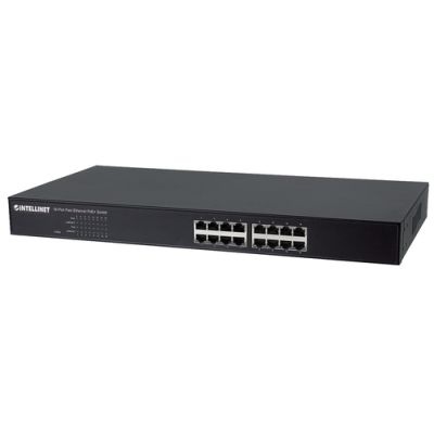 Intellinet 16-Port Fast Ethernet PoE+ Switch, 16 x PoE IEEE 802.3at/af Power-over-Ethernet (PoE+/PoE) Ports, Endspan, 19" Rackmount