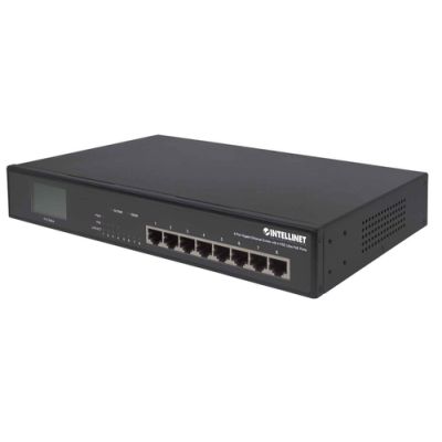 Intellinet 8-Port Gigabit Ethernet Switch mit 4 Ultra PoE-Ports und LCD-Anzeige, 8 x 10/100/1000-Ports, 4 x IEEE 802.3bt Power over Ethernet (Ultra PoE)-Ports, LCD-Anzeige, 140 W, Endspan, 19" Rackmount