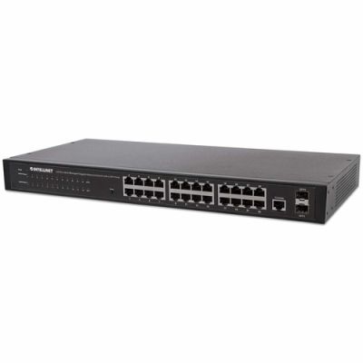 Intellinet 24-Port Web-Managed Gigabit Ethernet Switch mit 2 SFP-Ports, 24 x 10/100/1000 Mbit/s RJ45 Ports + 2 x SFP, IEEE 802.3az Energy Efficient Ethernet, SNMP, QoS, VLAN, ACL, 19" Rackmount