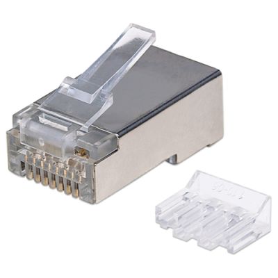 Intellinet 90er-Pack Cat6A RJ45-Modularstecker, STP, 2-Punkt-Aderkontaktierung, für Litzendraht, 90 Stecker im Becher