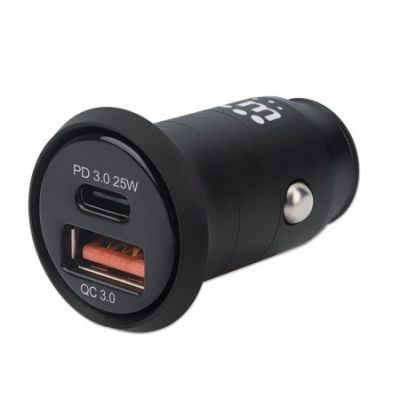 Manhattan 2-Port Power Delivery Kfz-Mini-Ladegerät 25 W, USB-C Power Delivery-Port (PD 3.0) mit bis zu 25 W, USB-A QC 3.0-Ladeport mit bis zu 18 W, schwarz