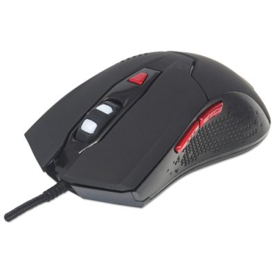 Manhattan USB-Gaming-Maus mit LEDs, Kabelgebunden, optisch, sechs Tasten plus Mausrad, einstellbare DPI-Auflösungen, LED-Beleuchtung, schwarz mit roten Tasten