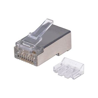 Intellinet 70er-Pack Cat6A RJ45-Modularstecker Pro Line, STP, 3-Punkt-Aderkontaktierung, für Litzen- und Massivdraht, 70 Stecker im Becher, 50 µ vergoldete Kontakte
