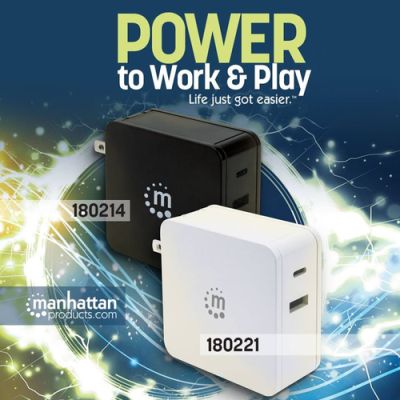 Manhattan Power Delivery USB-Ladegerät 60 W, USB-Netzteil mit USB-C Power Delivery-Port (PD 3.0) mit bis zu 60 W, USB-A Ladeport bis zu 2,4 A, schwarz